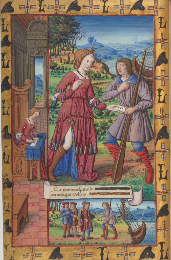 Enluminure : une femme assise à une table écrit une lettre, dans une pièce au sol pavé.