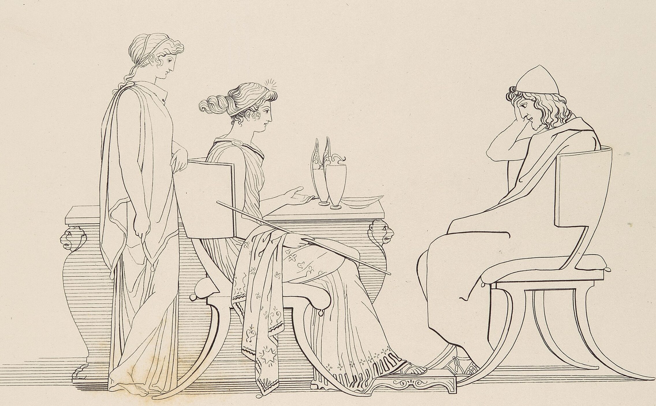Gravure au trait : une femme assise devant une table basse tend la main vers un homme drapé, assis en retrait, le visage détourné.