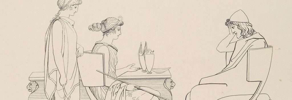 Gravure au trait : une femme assise devant une table basse tend la main vers un homme drapé, assis en retrait, le visage détourné.