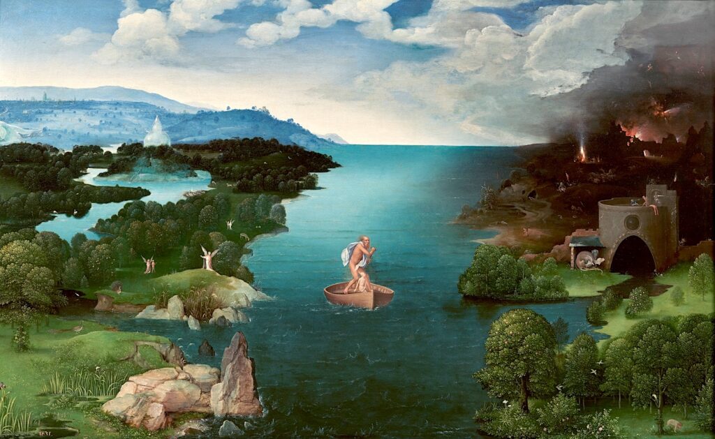 Peinture montrant un fleuve large traversant un vaste paysage, avec une barque au centre menée par un homme debout, un paysage lumineux à gauche et sombre à droite.