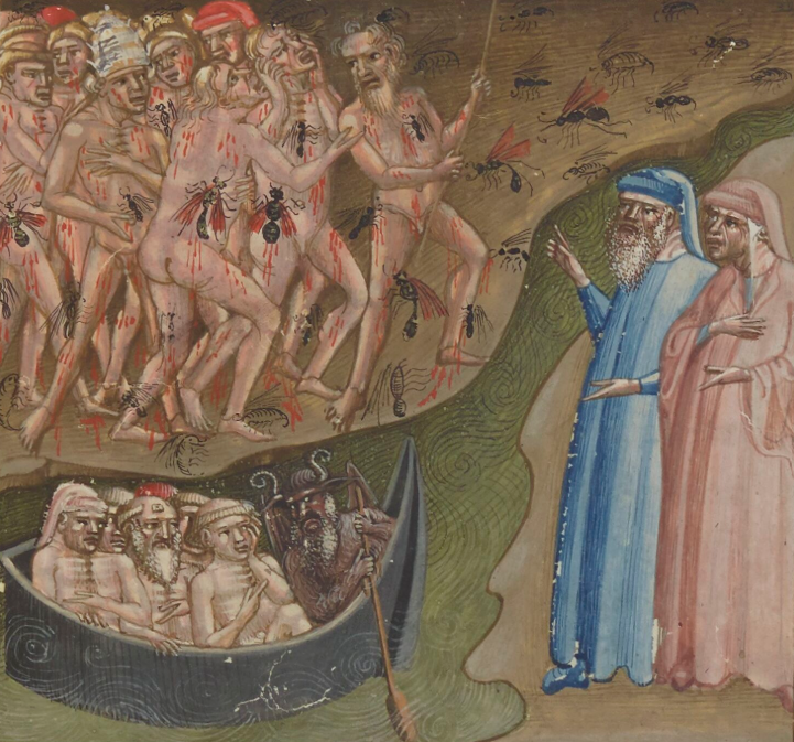 Enluminure montrant deux hommes debout au bord d'un cours d'eau, face à une barque chargée de personnages nus.