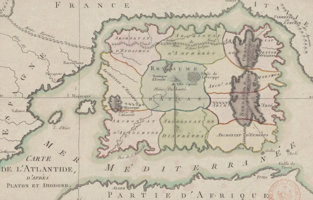 Carte gravée et coloriée du 18e siècle représentant une grande île au milieu de l'océan Atlantique.