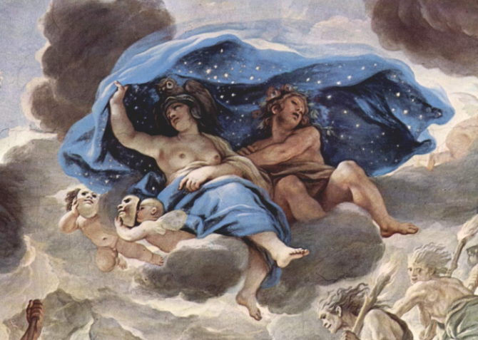 Fresque baroque : la Nuit endormie parmi les nuées, entourée de figures ailées et de putti.