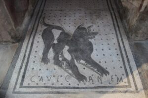 Mosaïque de sol : un chien noir au collier rouge, couché mais la gueule ouverte, au-dessus de l'inscription CAVE CANEM.