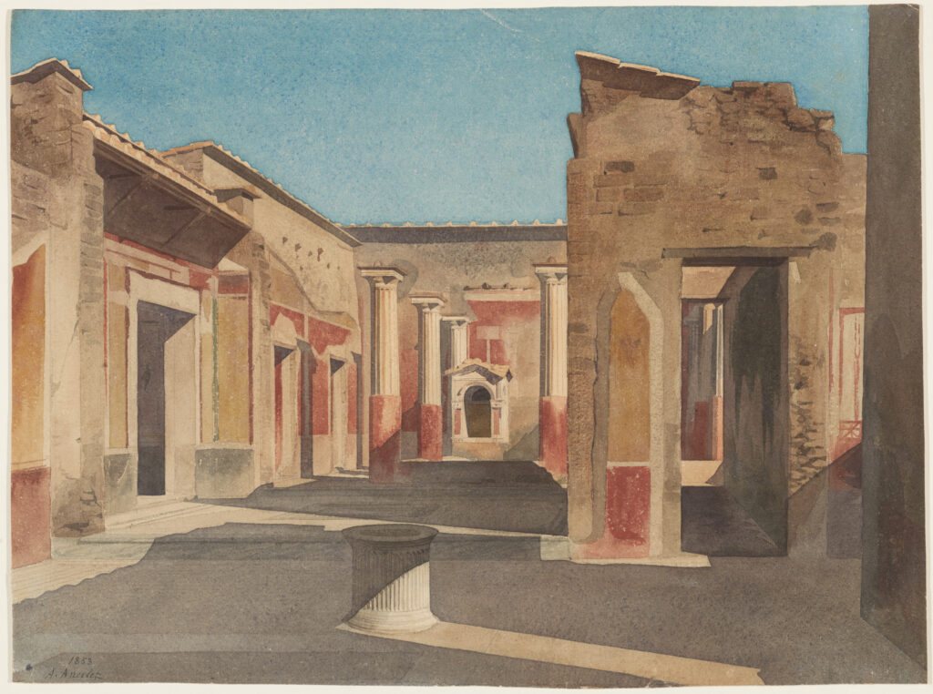 Aquarelle : l'intérieur d'une maison romaine vu depuis la cour, avec des murs peints en rouge et ocre, des colonnes au fond, un petit autel à fronton et une margelle de puits au premier plan.
