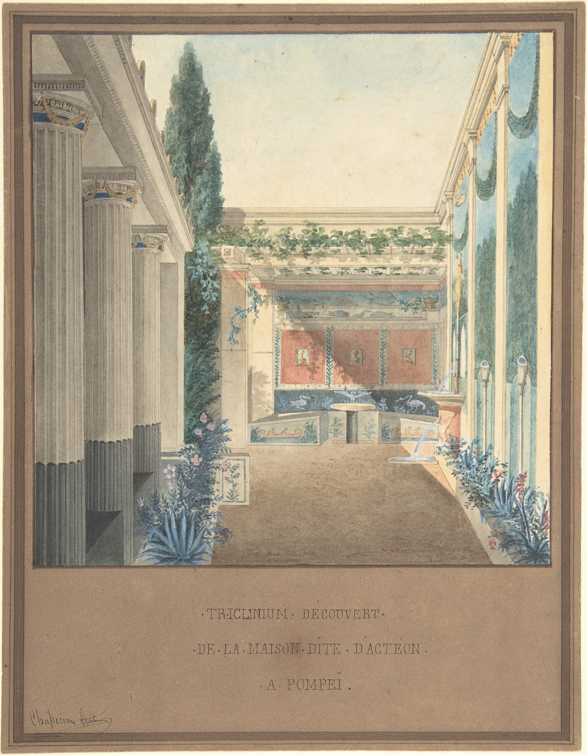 Aquarelle : un triclinium de jardin dans une maison de Pompéi, avec ses banquettes maçonnées en U peintes de motifs bleus, une pergola de vigne au-dessus et une fontaine sur le côté.