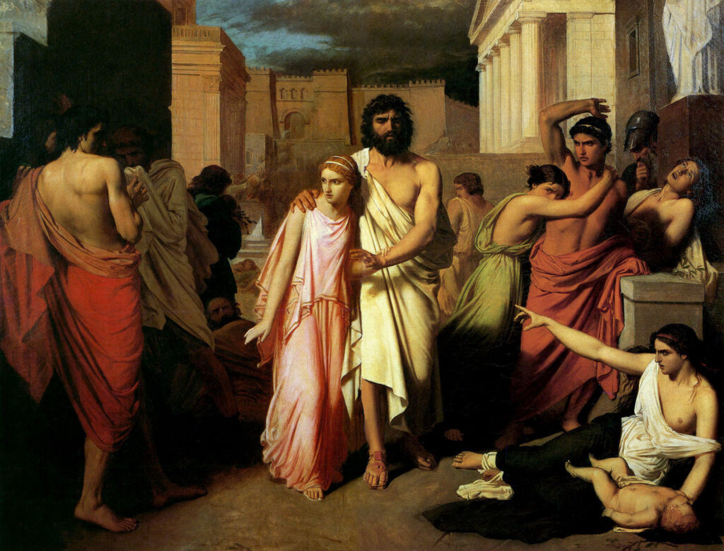 Peinture : un vieillard aveugle, drapé, s'appuie sur le bras d'une jeune femme qui le guide sur un chemin.