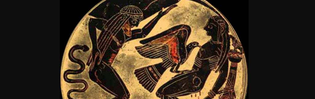 Médaillon peint d'une coupe grecque : à gauche, un homme agenouillé soutient un disque au-dessus de lui ; à droite, un homme ligoté à une colonne, un grand oiseau planté dans la poitrine.