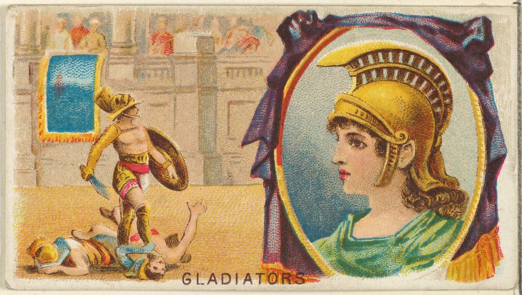 Carte publicitaire en couleurs : à gauche un gladiateur casqué debout sur des corps dans une arène, à droite un portrait de profil coiffé d'un casque doré.