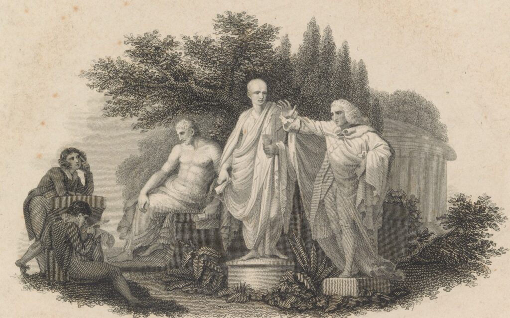 Gravure : les portraits de trois orateurs, deux antiques et un du 18e siècle, réunis dans une même composition.