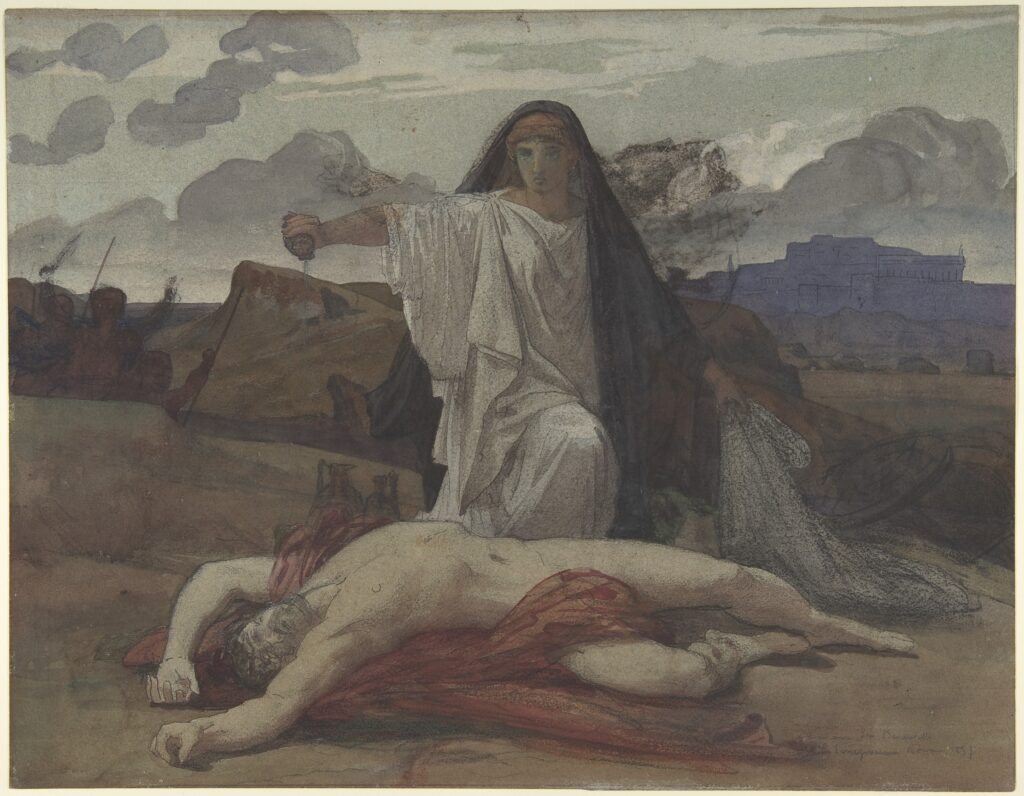 Aquarelle et encre : une jeune femme agenouillée verse de la terre sur un corps allongé, dans un paysage sombre.