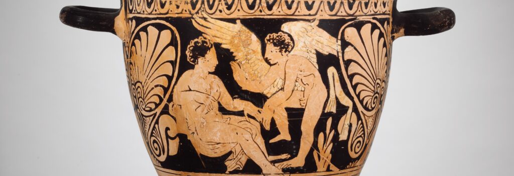 Vase à figures rouges : une figure ailée face à un jeune homme.