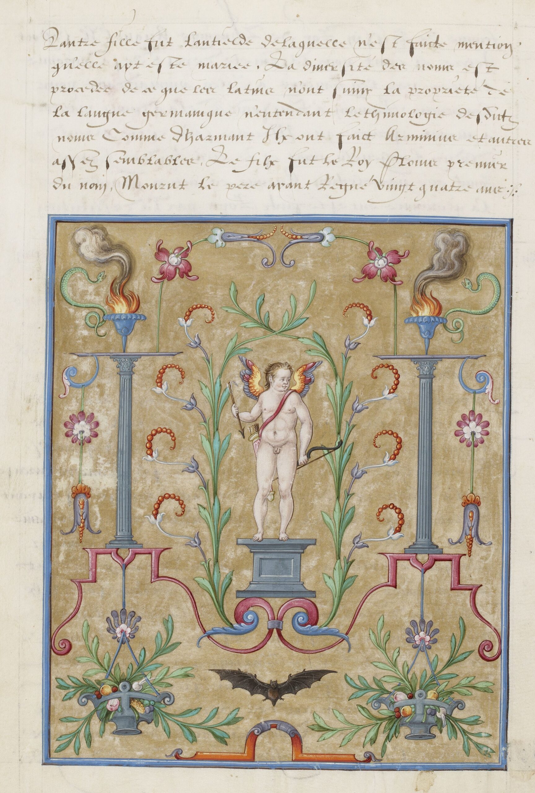 Enluminure : une figure nue et ailée tenant un arc et un carquois, entourée d'un serpent, d'une chauve-souris, d'un vase et de flammes.