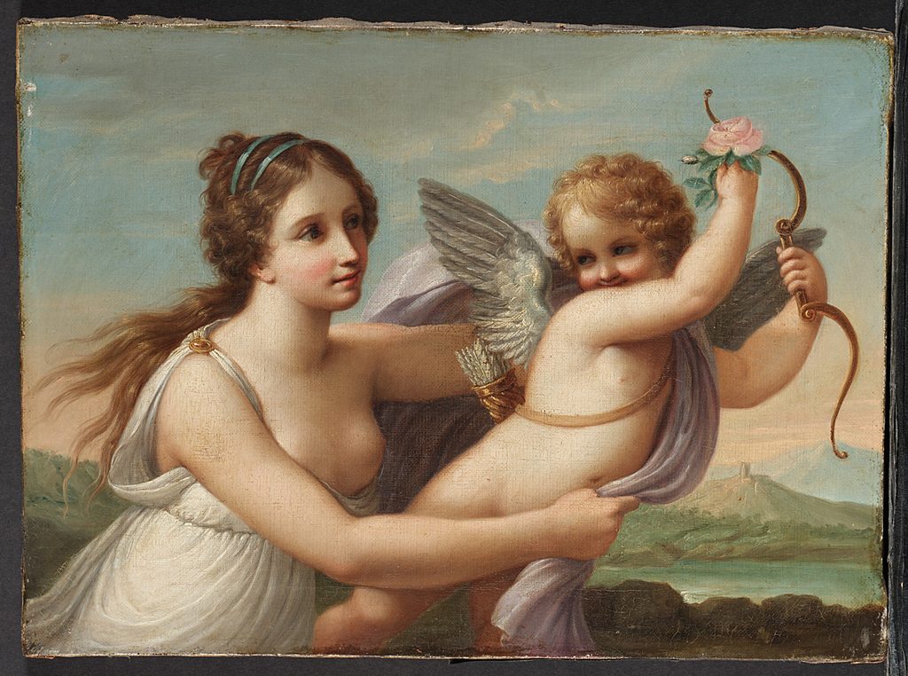 Peinture : une figure ailée triomphante entourée de personnages drapés à l'antique.