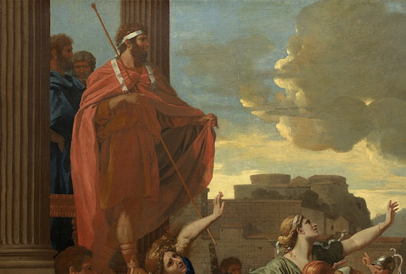 Détail d'une peinture : un homme drapé de rouge, debout sur une estrade, lève le bras et soulève un pan de son manteau.