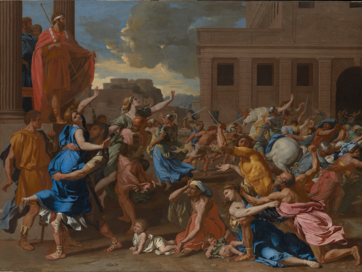 Peinture montrant une scène d'enlèvement sur une place antique : des hommes en armes emportent des femmes qui se débattent, devant des édifices à colonnes.