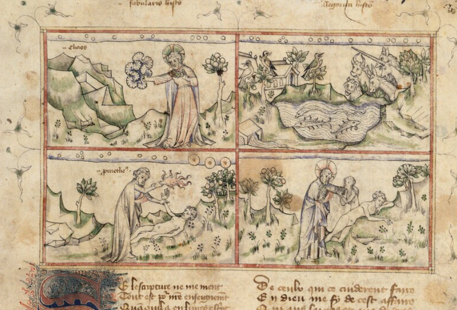 Page de manuscrit divisée en quatre scènes dessinées et légèrement colorées : une figure nimbée devant le chaos ; des animaux et des poissons ; un homme drapé tendant une flamme vers un homme nu étendu dans l’herbe ; une figure nimbée tirant une femme du côté d’un homme endormi.