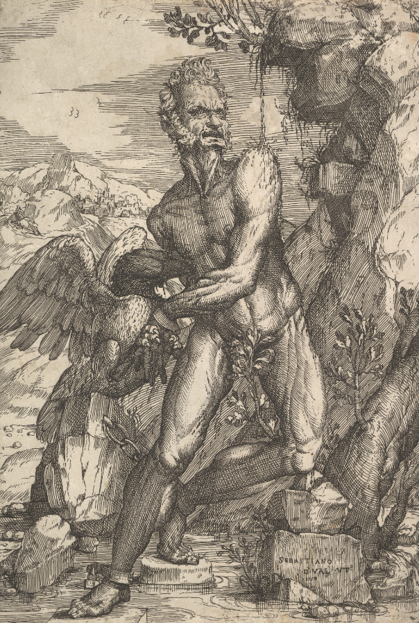 Gravure : un homme nu, barbu et musclé, le visage crispé, se tient debout devant un rocher et empoigne un grand aigle aux ailes déployées ; une chaîne le retient par la cheville. Au fond, des montagnes et une ville.