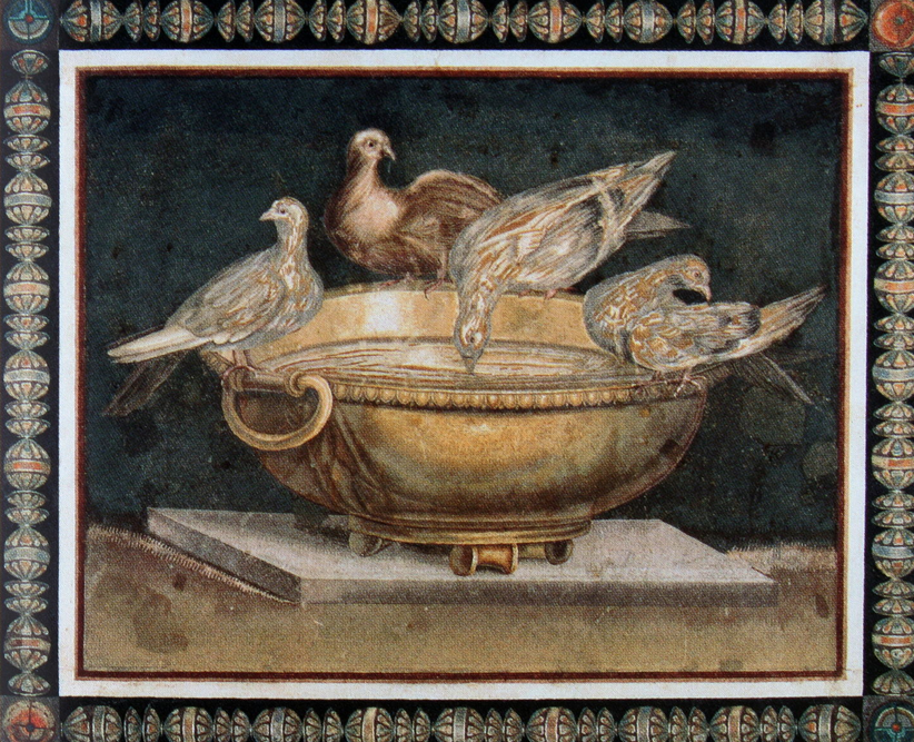 Panneau de mosaïque aux couleurs nuancées : quatre colombes posées sur le bord d'une vasque de bronze, l'une buvant, les autres se lissant les plumes.
