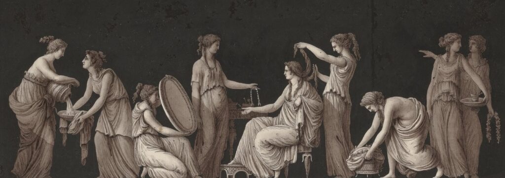 Dessin au lavis sur fond sombre : dix femmes drapées à l'antique s'affairent autour d'une femme assise que l'on coiffe, apportant bassine, miroir, collier et corbeille de fleurs.