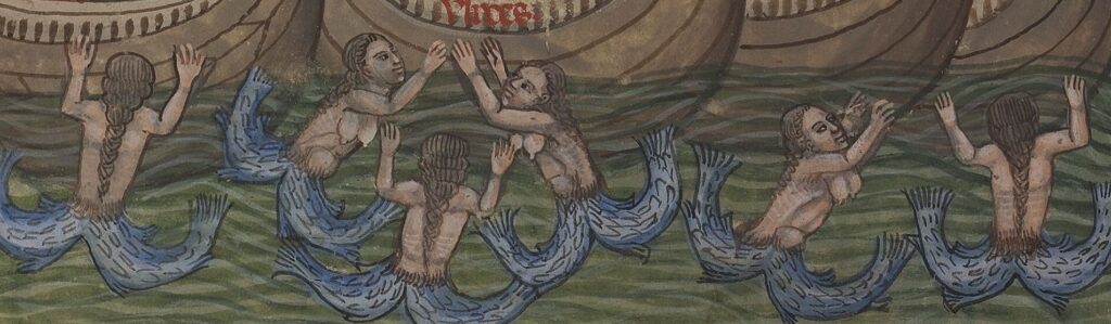 Enluminure médiévale montrant un navire aux voiles déployées, entouré de créatures dans l'eau.