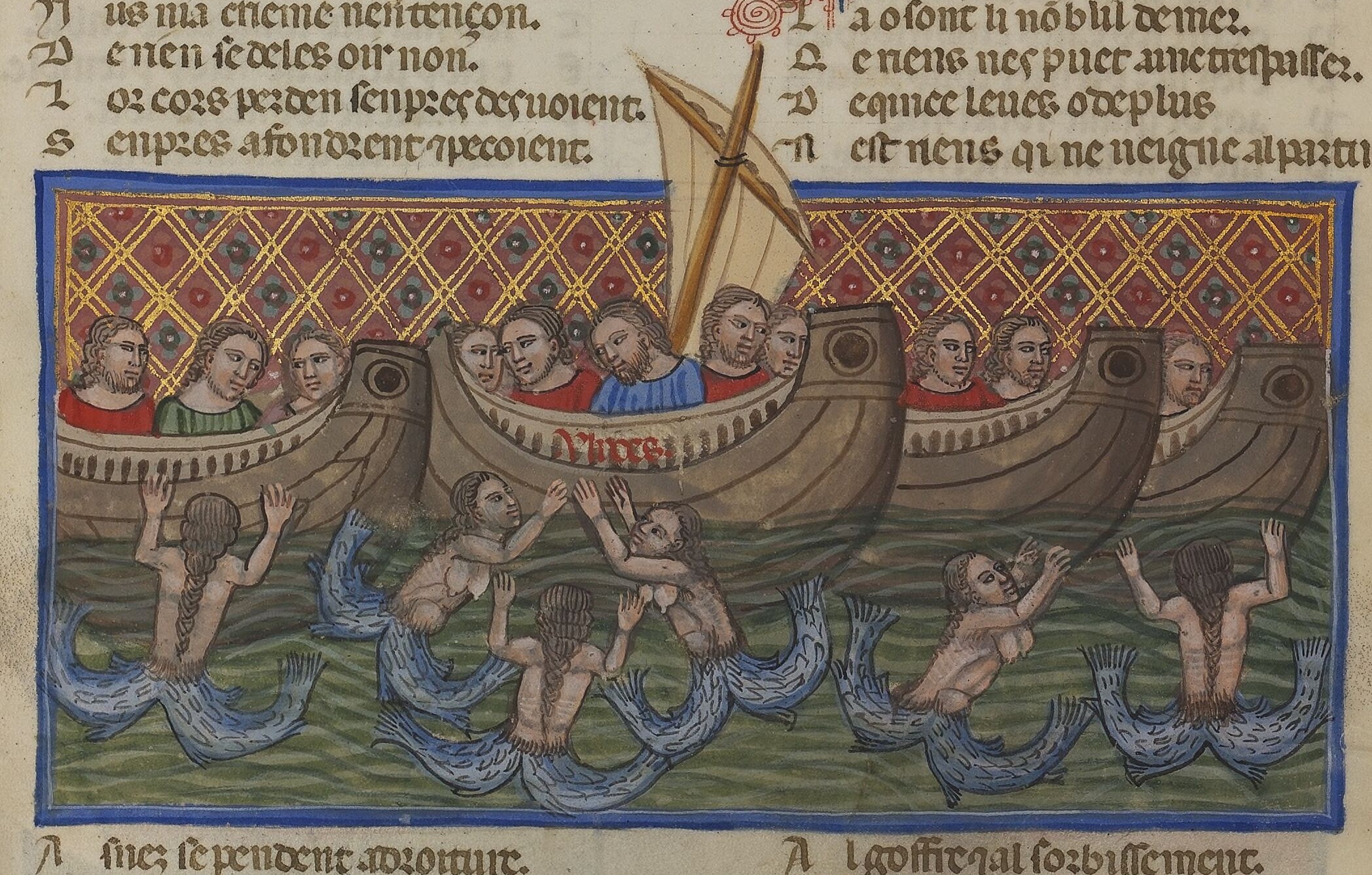 Enluminure médiévale montrant un navire aux voiles déployées, entouré de créatures dans l'eau.