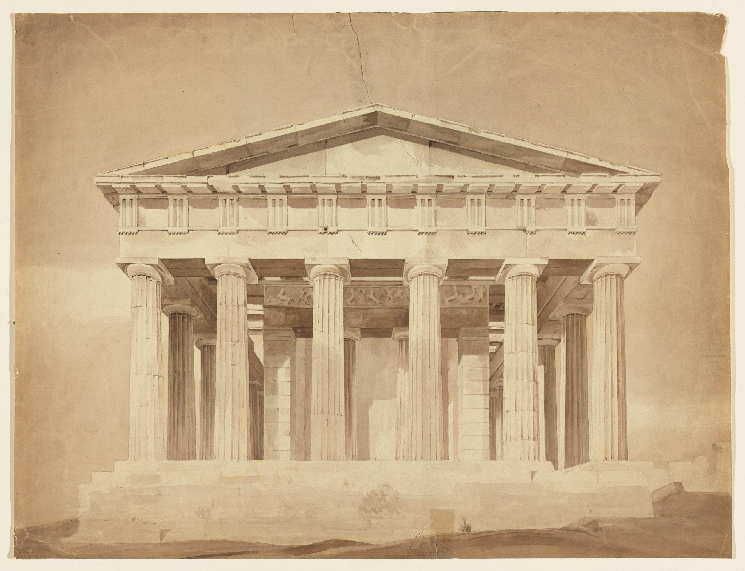 Lavis brun : le Parthénon vu de trois quarts, colonnes doriques et fronton en partie ruiné.