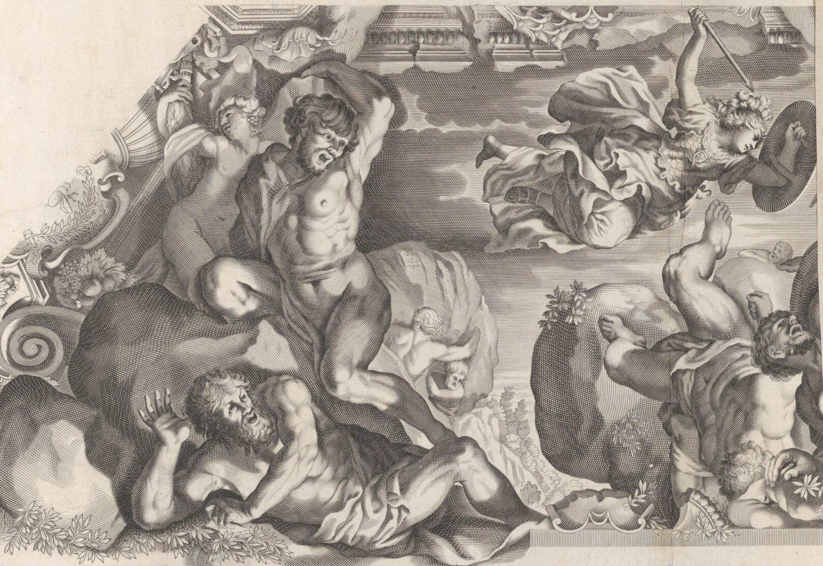 Gravure : en haut, Minerve casquée brandit un bouclier au-dessus de Géants renversés et culbutés dans le bas de la composition.