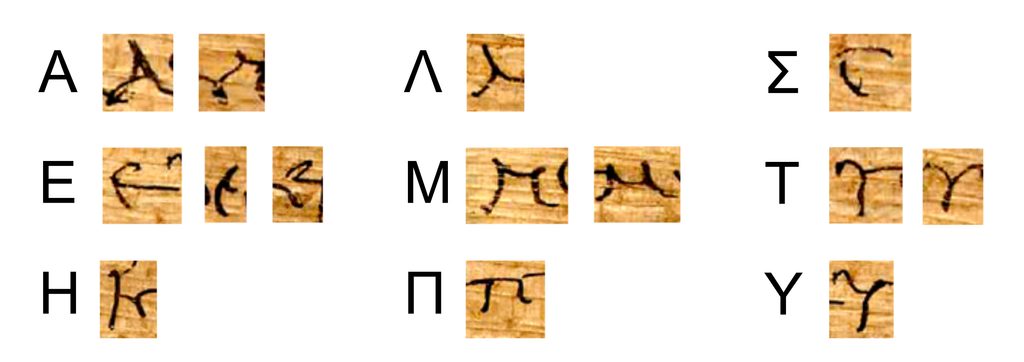 Tableau présentant des lettres de l'alphabet grec, avec pour chacune sa forme imprimée et sa forme telle qu'elle apparaît sur les papyrus.