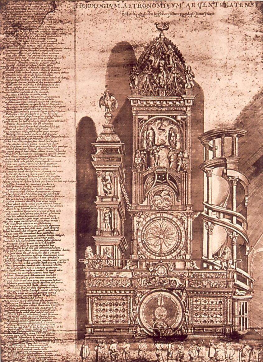Gravure : une horloge monumentale à plusieurs étages, surmontée d'un coq sur une tourelle, avec un long texte imprimé en colonne sur la gauche.  https://numistral.bnf.fr/ark:/12148/btv1b102142248.r=Horloge%20astronomique%20Stimmer%2C?rk=21459;2#