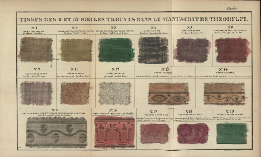 Planche gravée présentant plusieurs motifs de tissus anciens, disposés côte à côte.