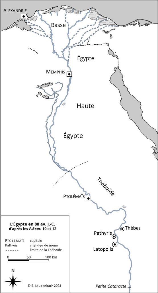 Carte de l'Égypte ancienne, du delta du Nil à la Haute-Égypte, situant Alexandrie, Memphis, Ptolémaïs, Latopolis, Pathyris et Thèbes.