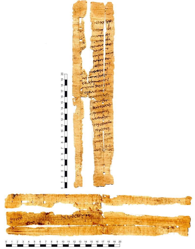 Feuillet de papyrus fragmentaire, couvert d'une écriture grecque cursive sur une vingtaine de lignes, avec des lacunes sur les bords.