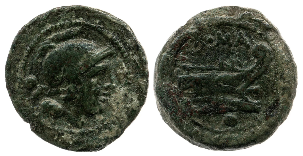 Monnaie de bronze portant une tête coiffée d'un chapeau ailé.