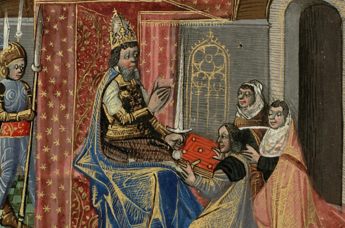Miniature : un empereur couronné, assis sous un dais, reçoit un livre des mains d'un clerc agenouillé, entouré de soldats en armure.
