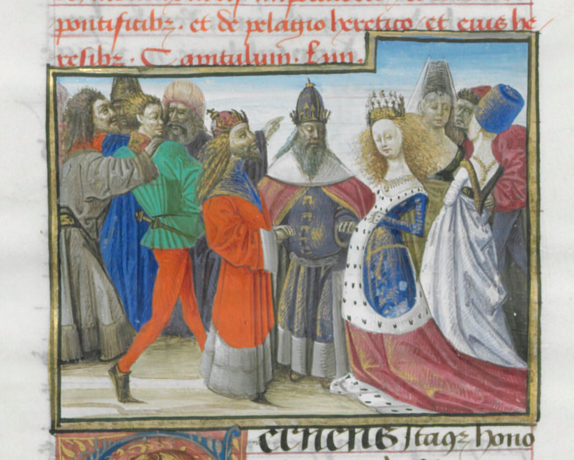 Enluminure médiévale : une princesse et un empereur se donnant la main, entourés de personnages de cour.