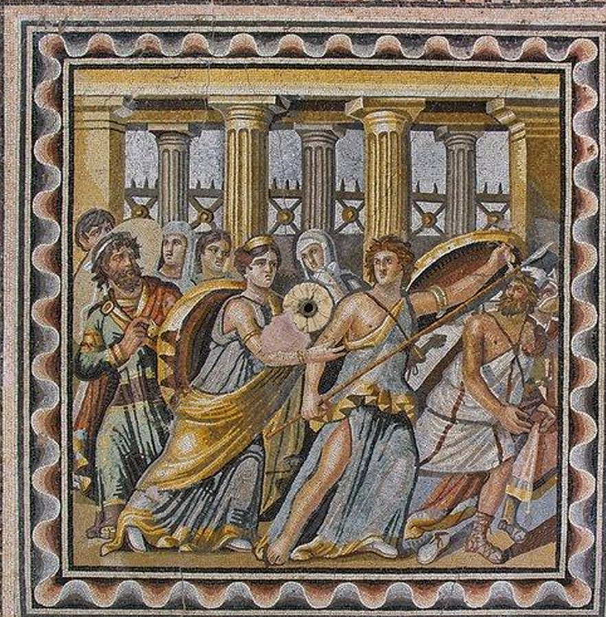 Mosaïque bordée d'un motif ondé, montrant quatre personnages aux corps inclinés devant une colonnade, dont un jeune homme qui saisit un bouclier.
