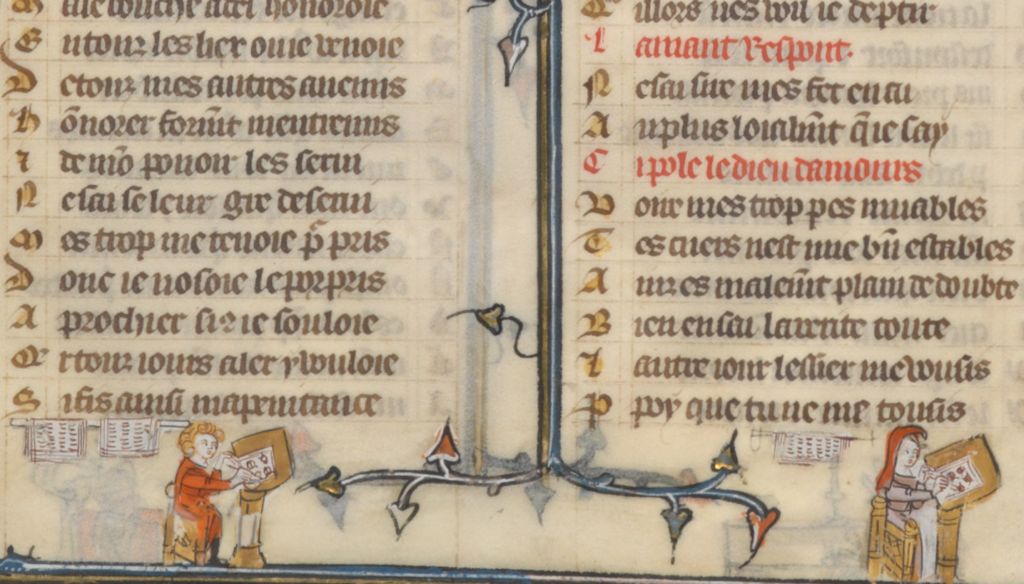 Détail d'enluminure en marge : un homme en tunique orange, assis, tient un objet plat devant lui ; à gauche, des feuillets couverts d'écriture pendent d'une barre horizontale.