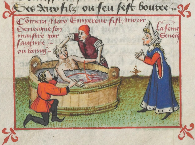 Enluminure montrant un homme nu assis dans une cuve, du sang s'échappant de son bras, entouré de personnages vêtus dont une femme en prière.