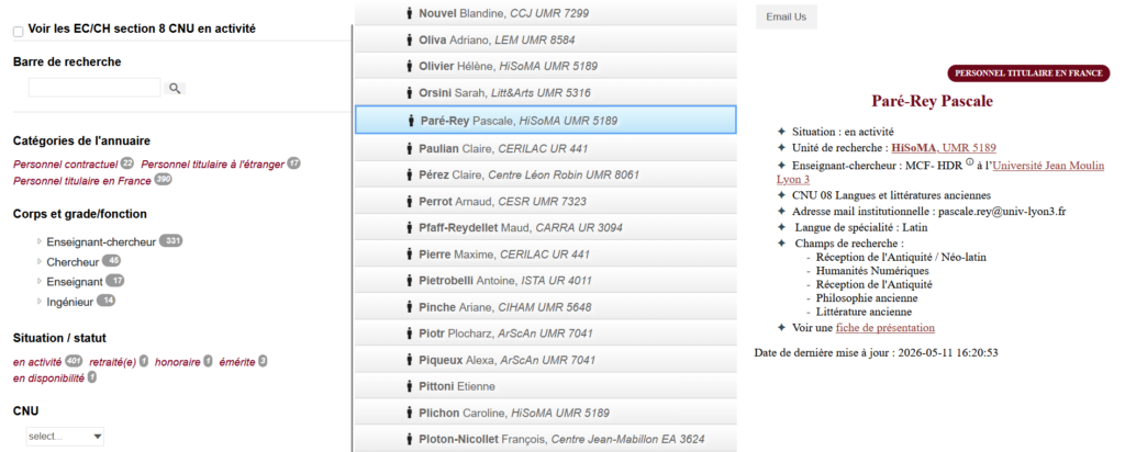 Interface de l'annuaire de la Cartographie Antiqui.TXTes en trois colonnes : les filtres de recherche à gauche, la liste des personnes au centre, la fiche de Pascale Paré-Rey ouverte à droite.