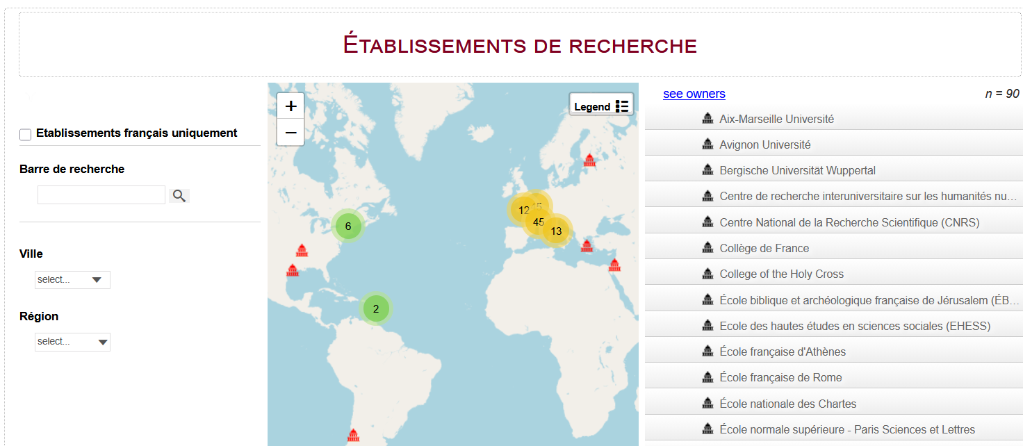 Capture d'écran de la table des établissements de recherche dans la cartographie Antiquitxtes. A gauche la console de recherche, au centre la carte, à droite les résultats.