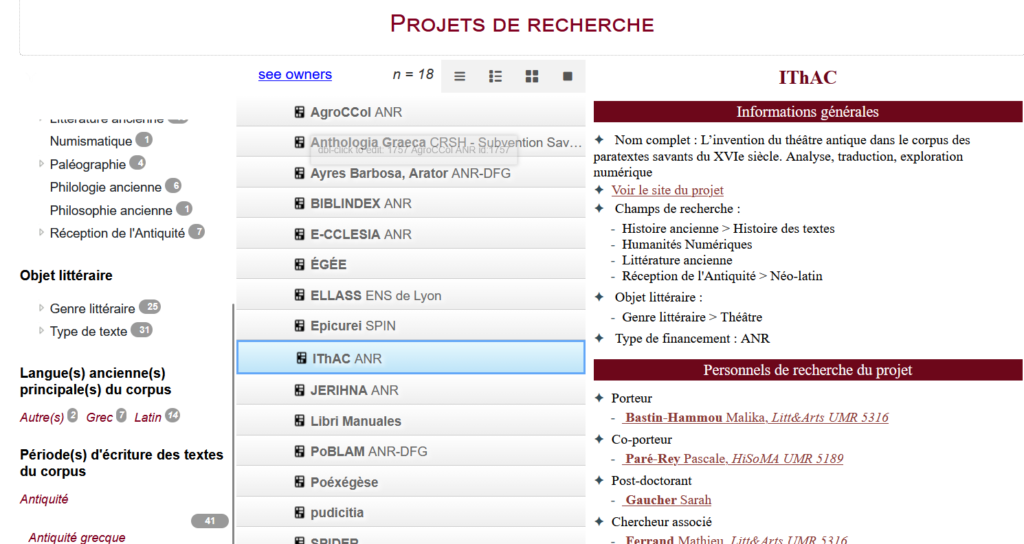 Interface de la Cartographie Antiqui.TXTes en trois colonnes : les filtres de recherche à gauche, la liste des dix-huit projets au centre, la fiche du projet IThAC ouverte à droite.