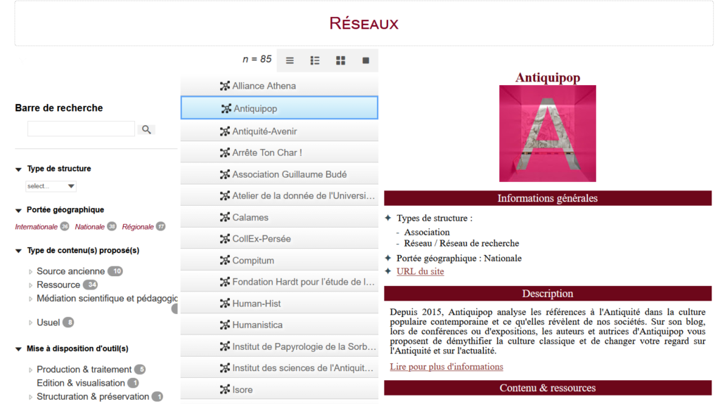 Capture d'écran de la table des réseaux de la Cartographie Antiqui.TXTes : à droite une console de recherche, au milieu la liste des réseaux, à droite une fiche descriptive d'Antiquipop.