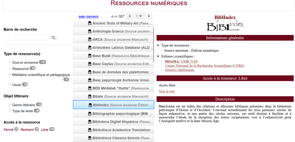 Interface de la Cartographie Antiqui.TXTes en trois colonnes : les filtres de recherche à gauche, la liste des cent soixante-sept ressources au centre, la fiche de BiblIndex ouverte à droite.