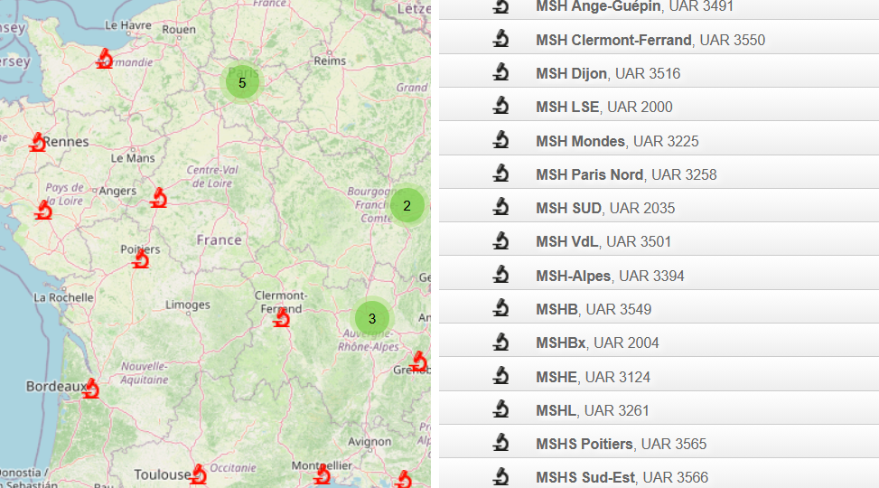 Capture d'écran de la recherche des UAR en France, avec à gauche une carte et à droite la liste des unités recensése.