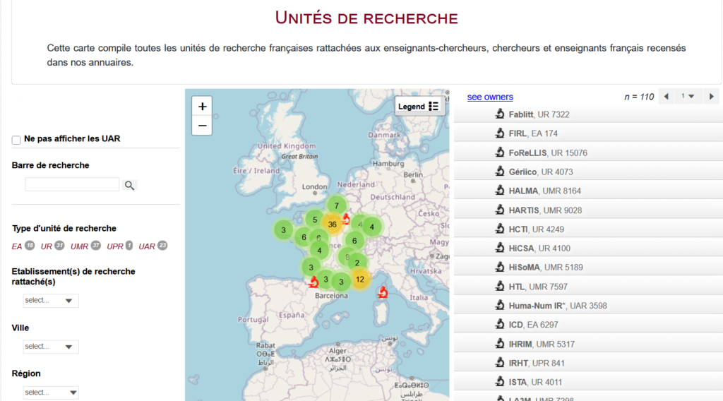 Capture d'écran de la table des unités de recherche dans la cartographie Antiquitxtes. A gauche la console de recherche, au centre la carte, à droite les résultats.
