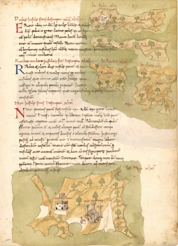 Page de manuscrit associant un texte latin à des cartes d'îles aquarellées en ocre et vert, semées d'arbres ; sur la plus grande, une tour crénelée et un édifice à colonnes.