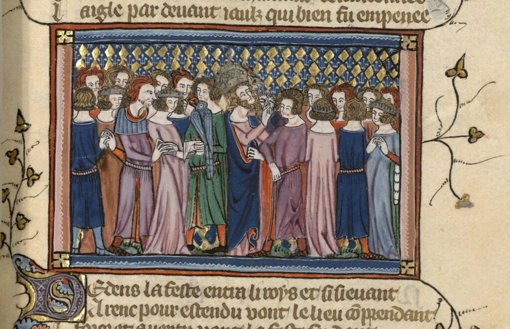 Enluminure médiévale montrant un roi couronné entouré de personnages, avec un aigle.