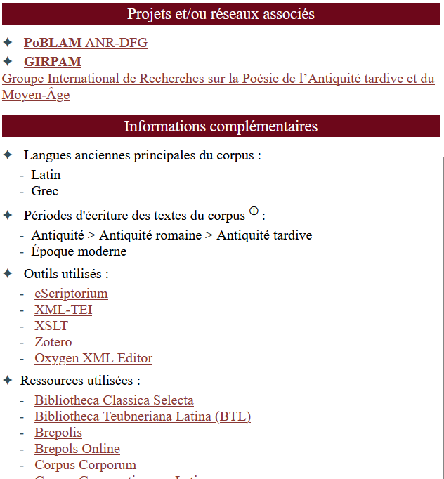 Suite de la fiche Arator : les projets et réseaux associés, puis les langues anciennes du corpus, ses périodes d'écriture, les outils numériques employés et les ressources consultées.