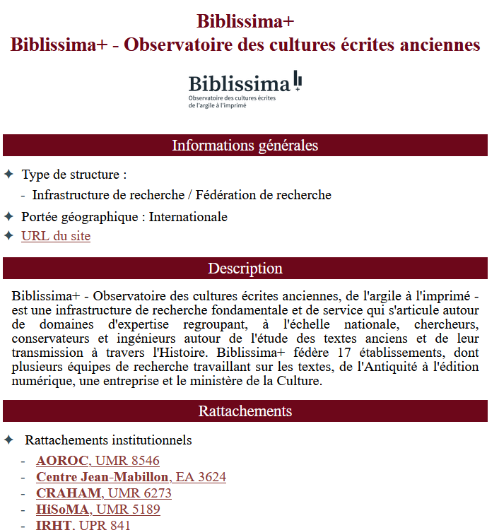 Capture d'écran de la fiche descriptive de Biblissima+ dans la table réseau de la Cartographie Antiqui.TXTes avec les informations générales, une description et une liste des structures et réseaux rattachés.